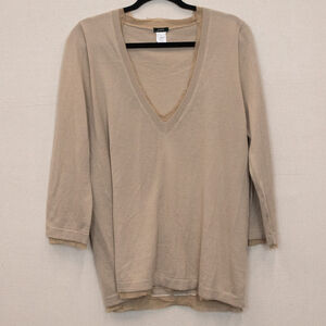 Y2K J. Crew merino wool v-neck 3/4 sleeve beige sweater-XL